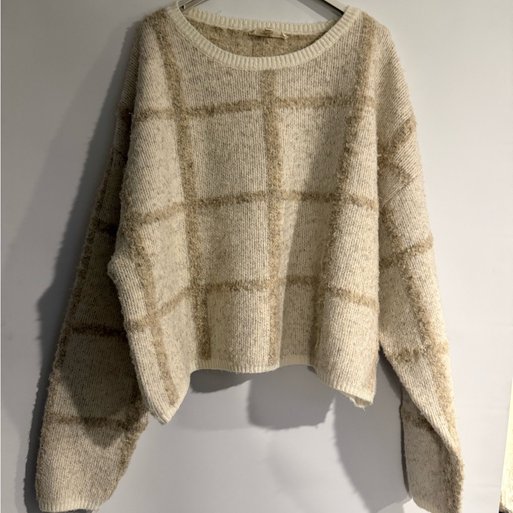 Plaid Knit Sweater - Cream and Tan